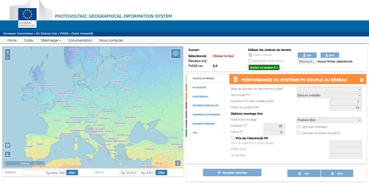 Simulation de production photovoltaïque dans PVGIS